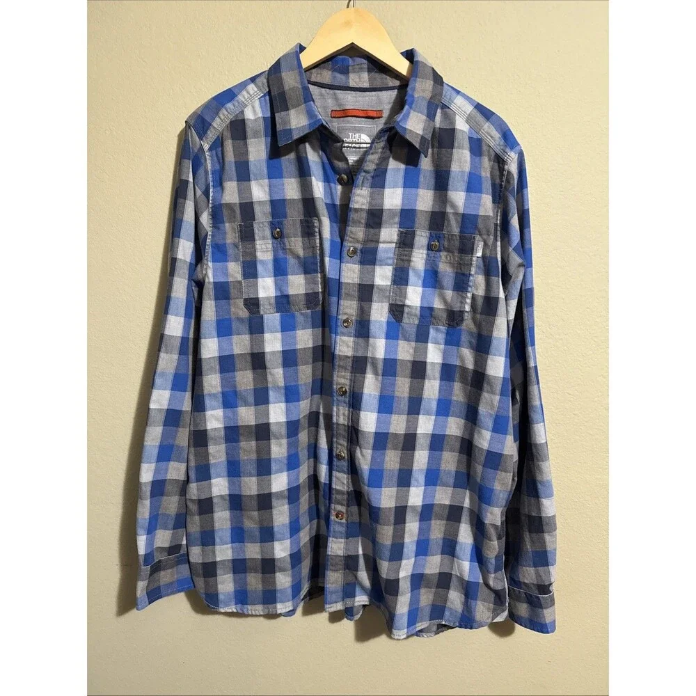 The North Face Mens Blue Gray Plaid Cotton Blend Flannel Button-Up Shirt Sz XL